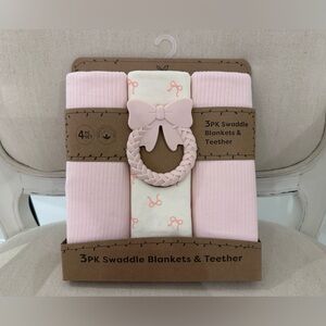 🎀 NWT Pink Bow Ribbon Swaddle Baby Blankets & Teether 4 Piece Set